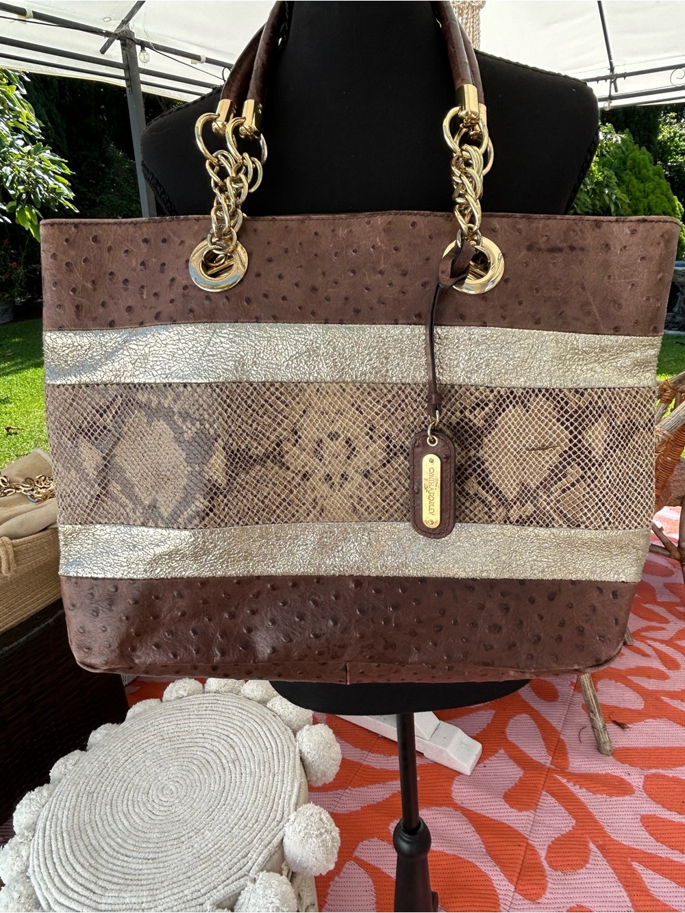 Large Cynthia Rowley leather snakeskin print tote with gold hardware
